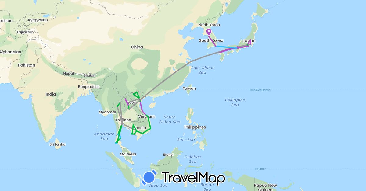 TravelMap itinerary: bus, plane, train, boat in China, Japan, Cambodia, South Korea, Laos, Thailand, Vietnam (Asia)